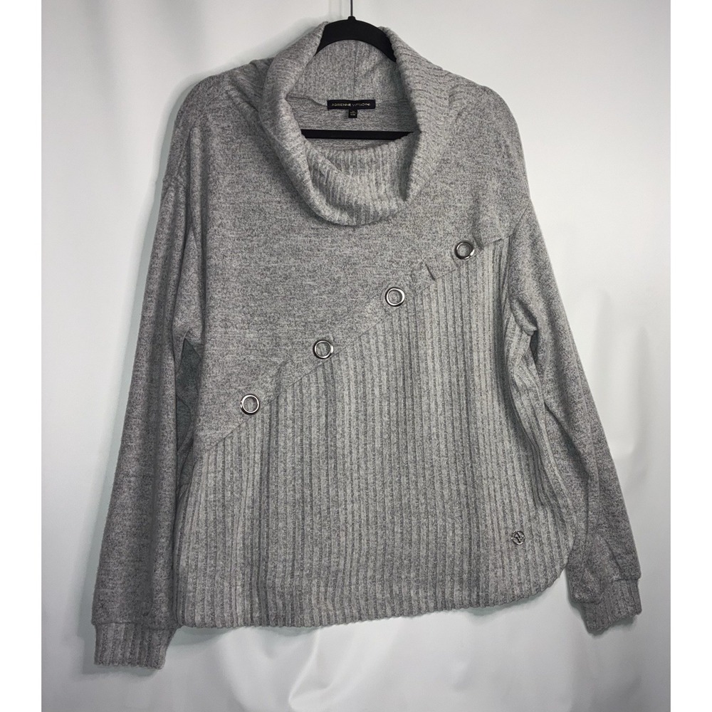 Adrienne Vittadini Cowl Neck Sweater Grey Size XL Ribbed Asymmetrical‎ Grommets
